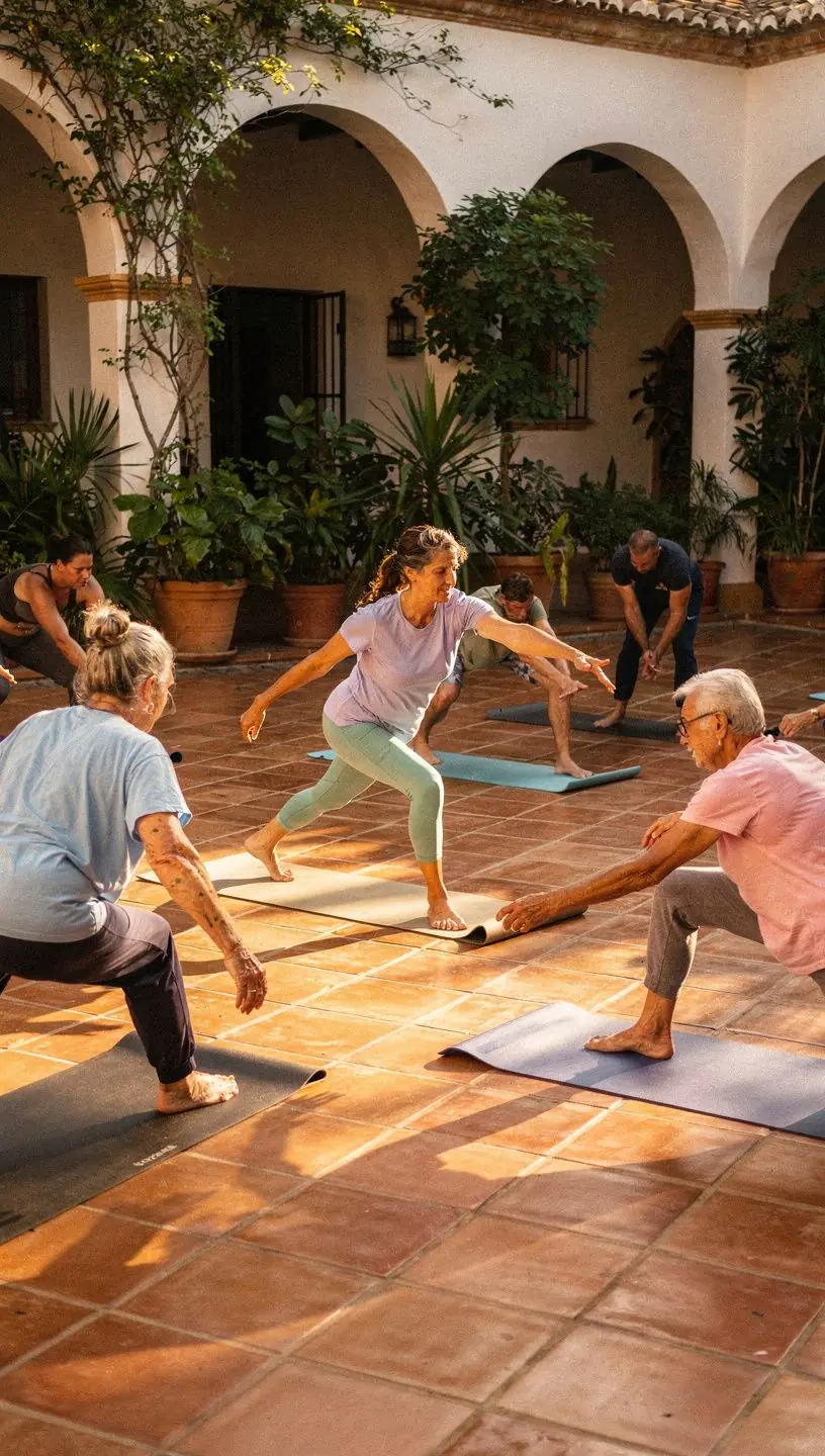 Un grupo de personas realizando ejercicios de movilidad articular en una clase de yoga adaptada.