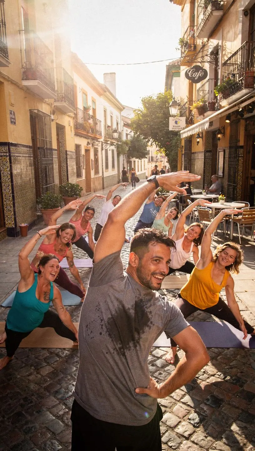Un grupo de personas practicando ejercicios de estiramiento en un parque, mostrando movimientos suaves y accesibles.