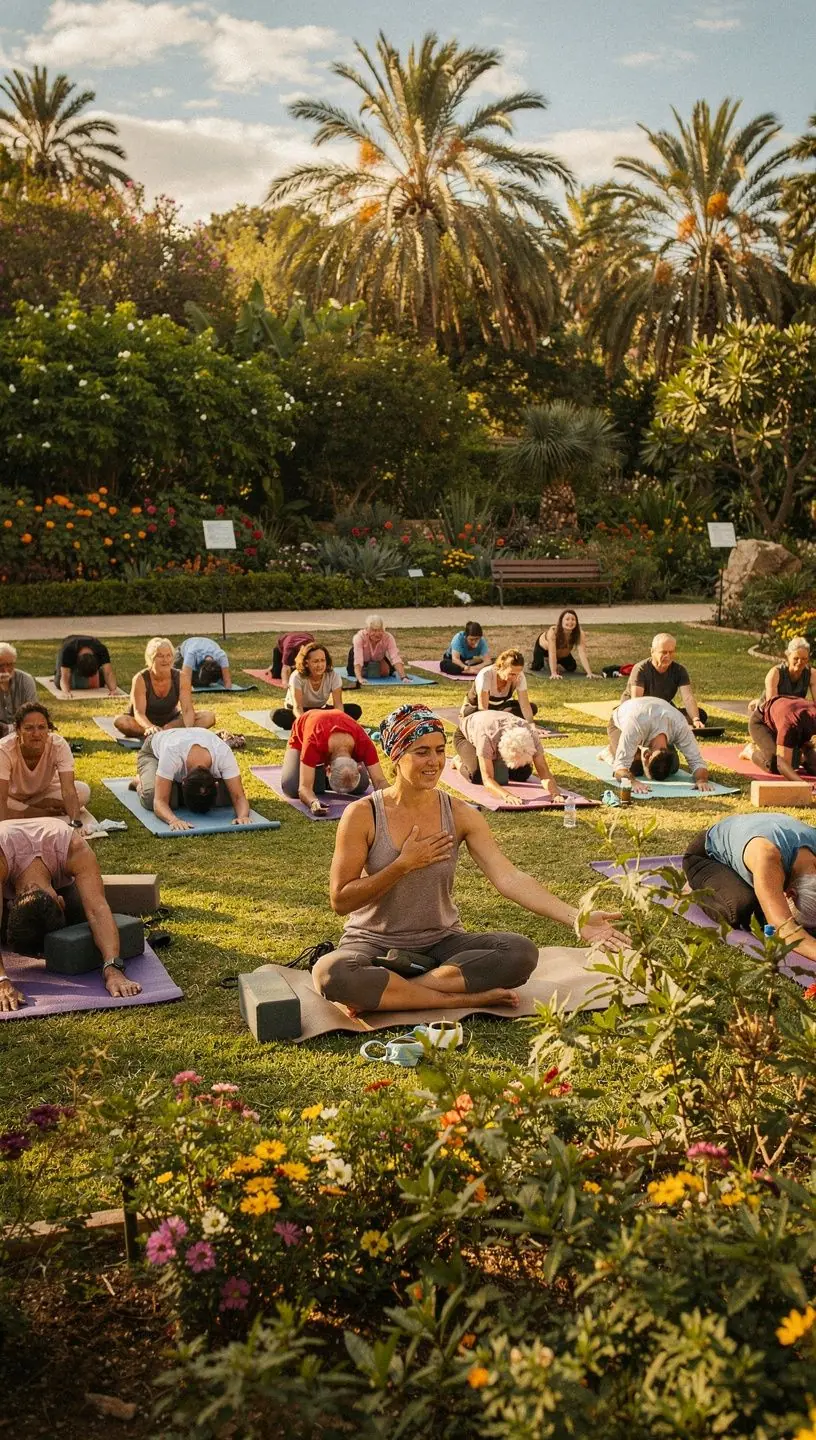 Una instructora de yoga guiando una clase adaptada para personas con artritis, enfatizando la importancia de la respiración.