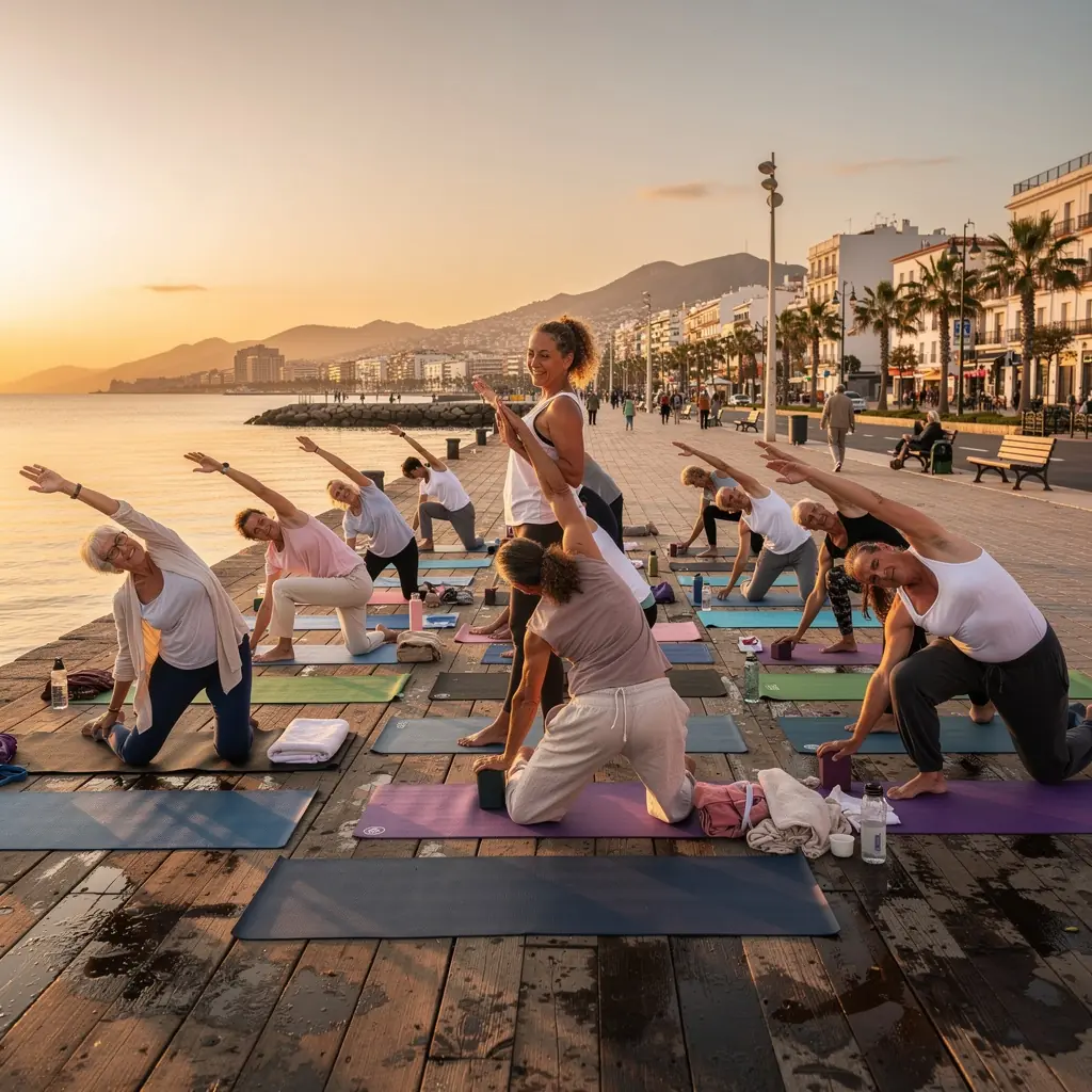 Un grupo de personas practicando ejercicios de estiramiento en un parque, mostrando movimientos suaves y accesibles.