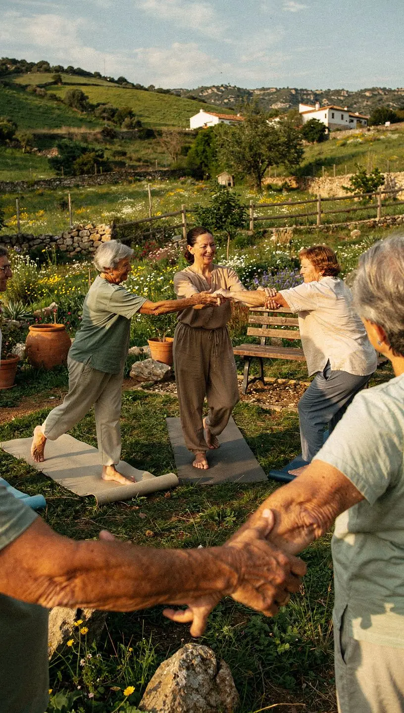Un grupo de personas practicando ejercicios de estiramiento en un parque, mostrando movimientos suaves y accesibles.