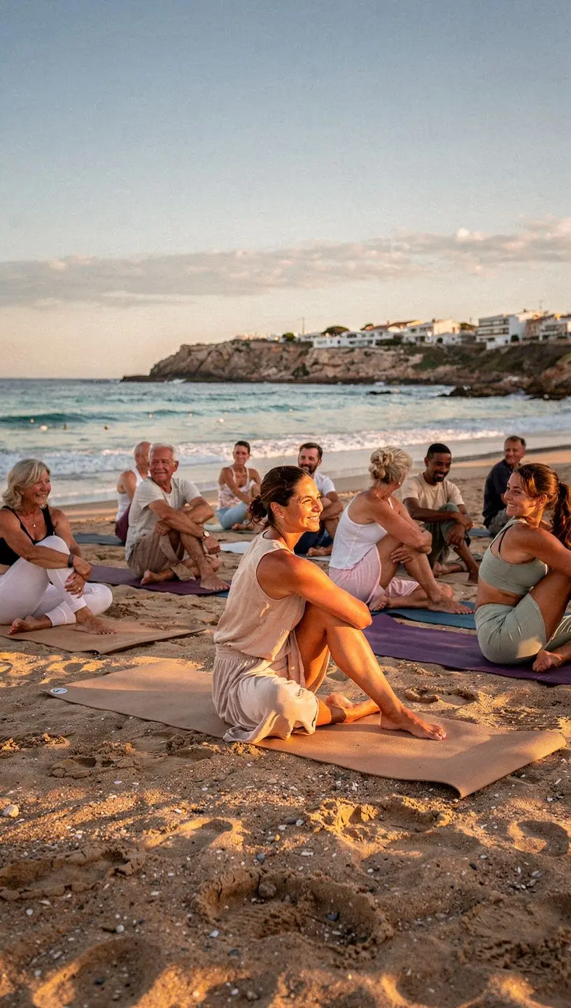Un grupo de personas practicando ejercicios de estiramiento en un parque, mostrando movimientos suaves y accesibles.