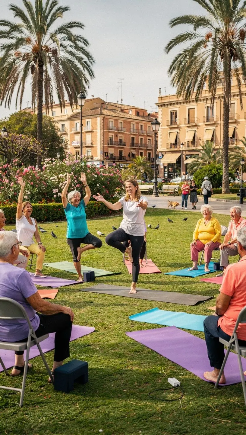 Un grupo de personas practicando ejercicios de estiramiento en un parque, mostrando movimientos suaves y accesibles.