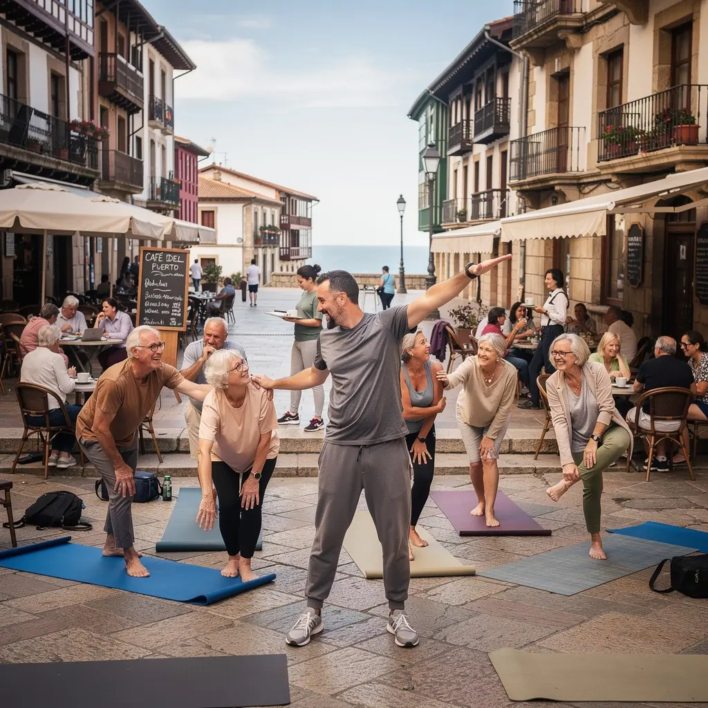 Un grupo de personas practicando ejercicios de estiramiento en un parque, mostrando movimientos suaves y accesibles.