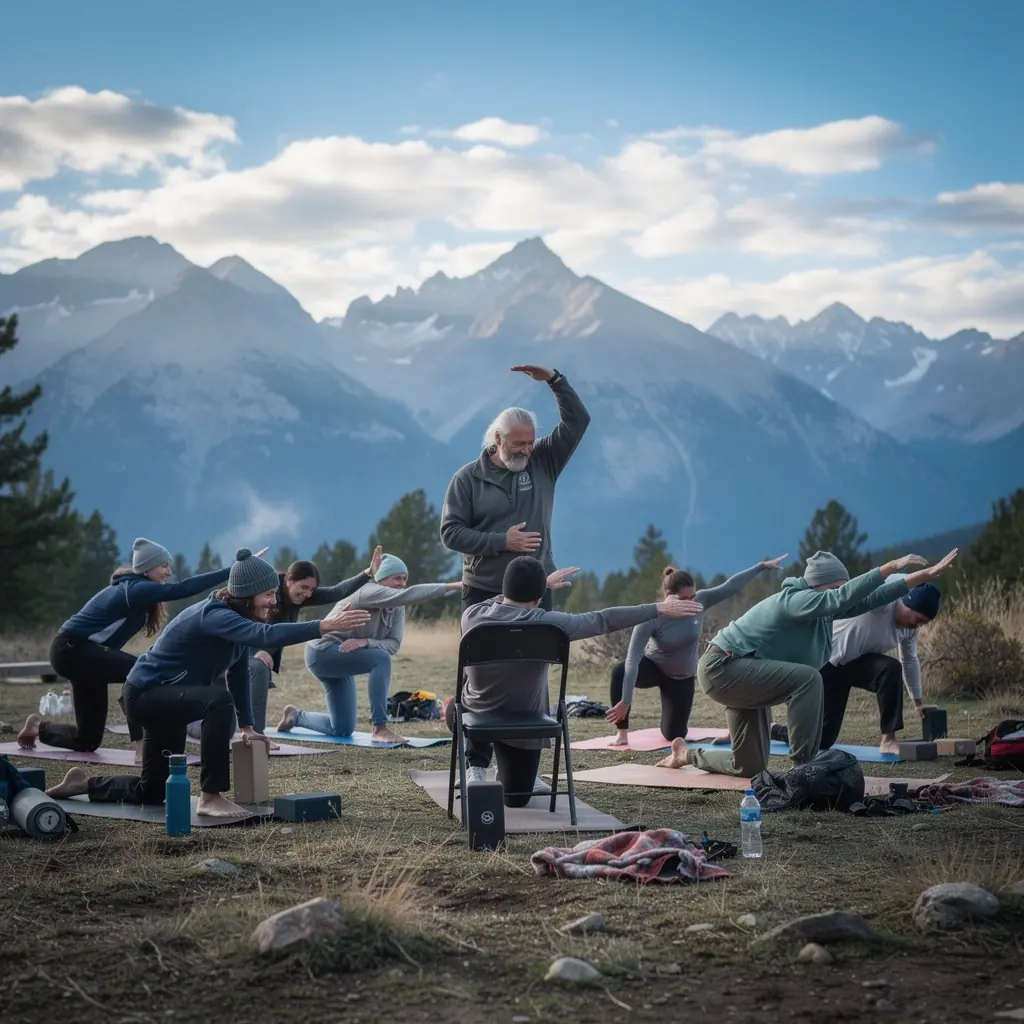 Una persona mayor realizando una postura de yoga suave en un entorno tranquilo, enfocándose en la movilidad articular.